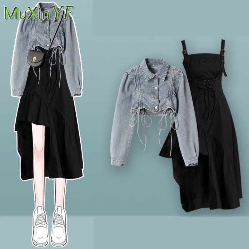 Winter Clothing Kit - ชุดเซ็ตเดรสผู้หญิงสไตล์เกาหลี ฤดูใบไม้ผลิ/ฤดูใบไม้ร่วง ปี 2026 แจ็คเก็ตยีนส์สั้นทรงวินเทจสุดหรู+กระโปรงสายเดี่ยวทรงไม่สมมาตร ชุดสองชิ้น
