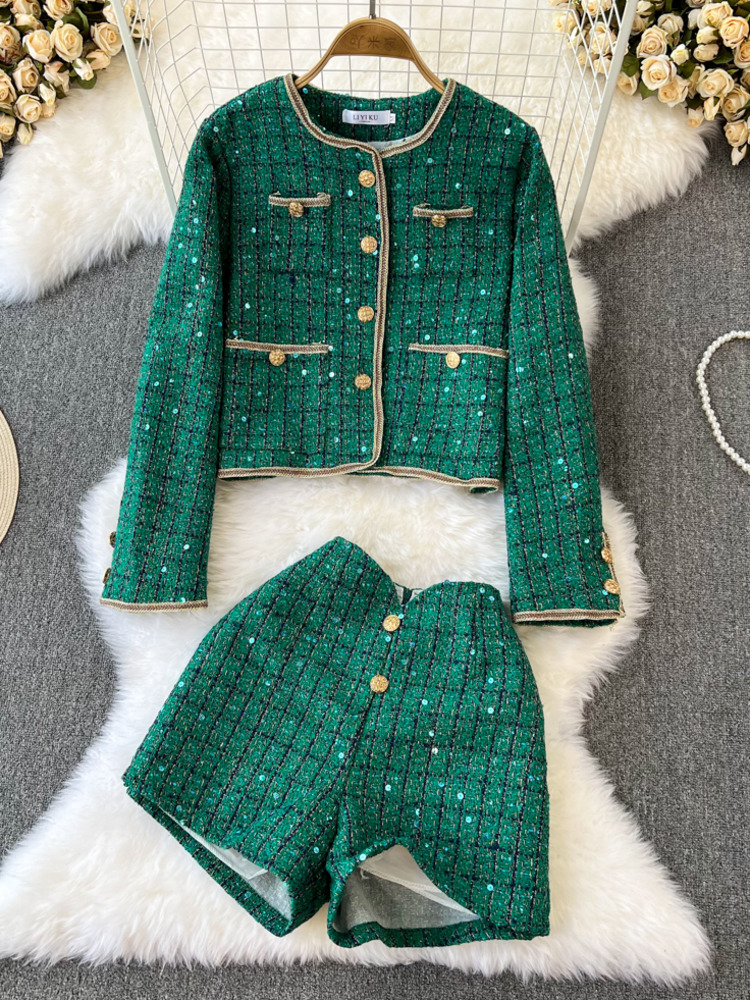 Winter Clothing Kit - ฤดูใบไม้ร่วงฤดูหนาวผู้หญิง2ชิ้นชุดแฟชั่นสำหรับผู้หญิงหรูหรา Sequins ลายสก๊อต Tweed เสื้อ +