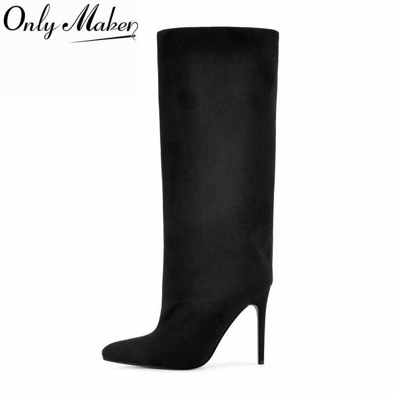 Winter Clothing For Women - รองเท้าบูทหุ้มข้อสูงสีดำหนังกลับเทียมทรงกว้าง ปลายแหลม ส้นเข็ม สวมใส่ง่าย สำหรับฤดูใบไม้ร่วง ฤดูหนาว