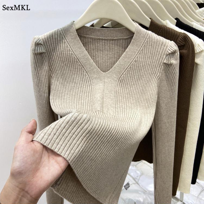 Winter Clothing Factory Outlet - เสื้อสเวตเตอร์คอวีทรงสวยสำหรับฤดูหนาว เสื้อผู้หญิงแขนยาวลำลองสไตล์ Y2k เสื้อถักทรงเข้ารูป เสื้อไหมพรมสีดำ