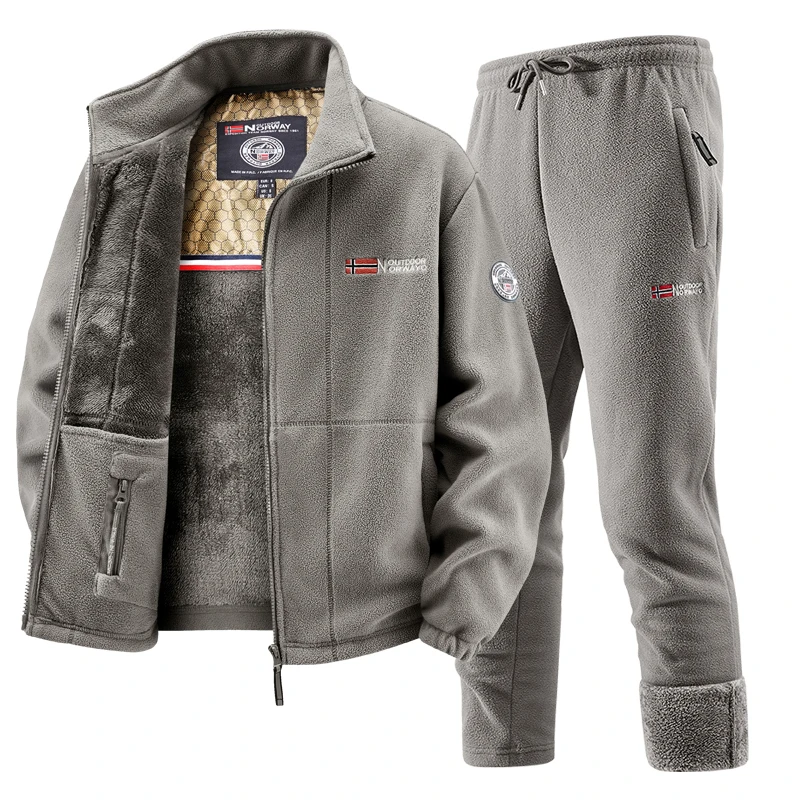 Winter Clothing Kit - ชุดวอร์มขนแกะสำหรับผู้ชาย ชุดแจ็คเก็ตและกางเกงกันหนาวแบบหนา 2 ชิ้น สไตล์เรโทร สำหรับเล่นสกี