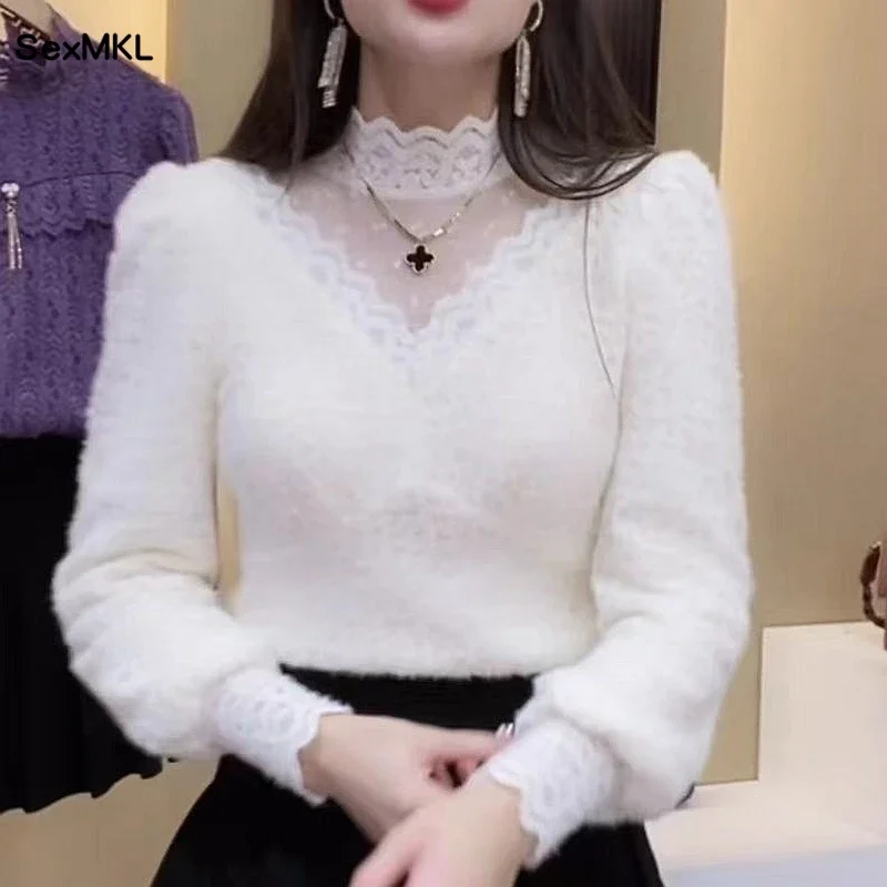 Winter Clothing Factory Outlet - ฤดูใบไม้ร่วงฤดูหนาวเสื้อลูกไม้เสื้อผู้หญิง 2024 แฟชั่นแขนยาวBlusasสบายๆเกาหลีHollow Outเสื้อเสื้อผ้าขนาดใหญ่
