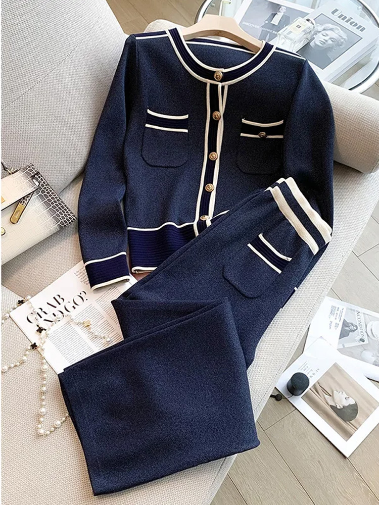 Winter Clothing Kit - ฤดูใบไม้ร่วงฤดูหนาวลายถักกางเกง 2 ชิ้นชุดผู้หญิงเกาหลีแขนยาวเสื้อสเวตเตอร์ถักและกางเกงขากว้างชุดชุดลําลอง
