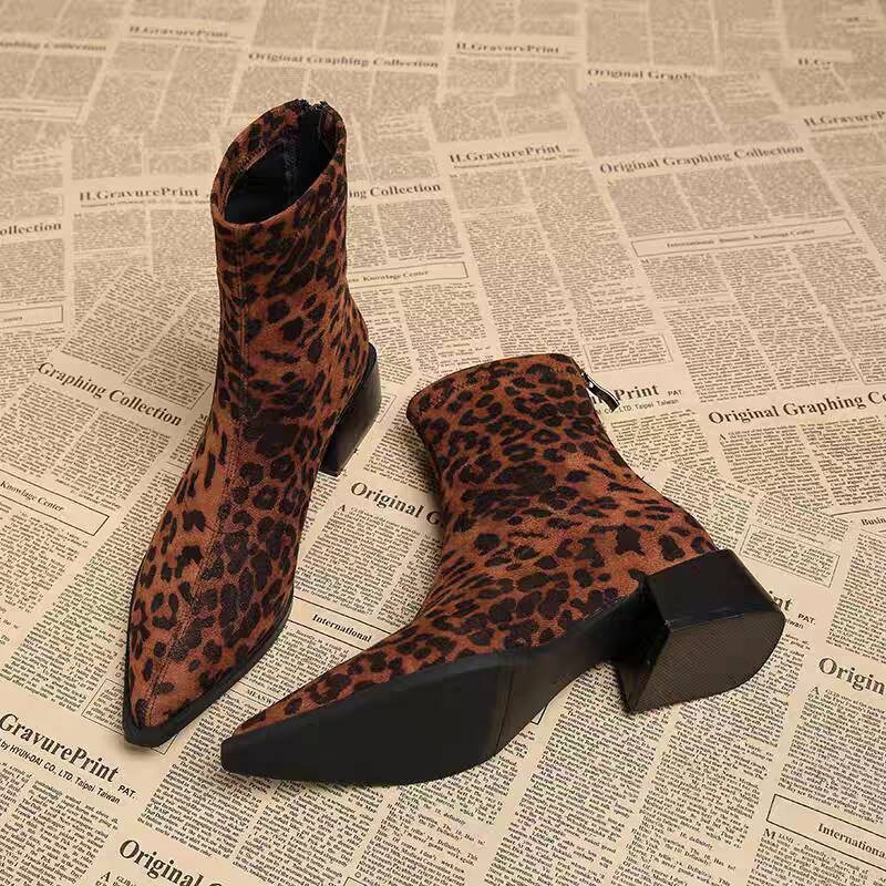 Winter Clothing For Women - รองเท้าบูทส้นเตี้ยผู้หญิงสไตล์โมเดิร์น หัวแหลม แฟชั่นสำหรับงานปาร์ตี้ รองเท้าสั้นทรงสลิมสไตล์วินเทจ
