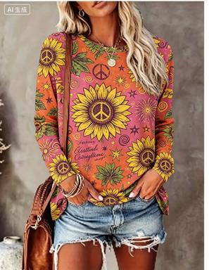 Winter Clothing For Women - เสื้อยืดแขนยาวผู้หญิง ลายดอกเดซี่ ผีเสื้อ สัญลักษณ์สันติภาพ คอกลม ทรงหลวม