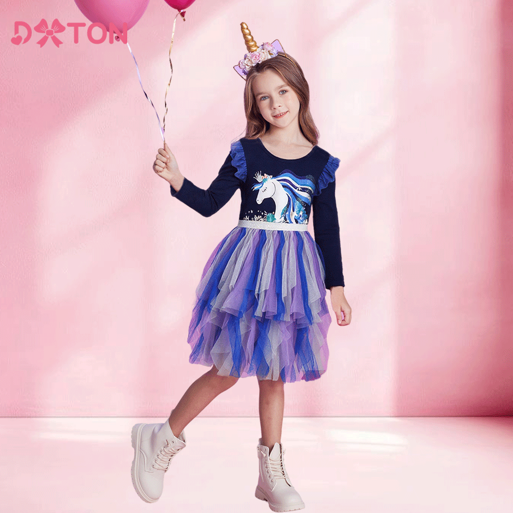 Winter Clothing Toddler Girl - ชุดเดรสเด็กแขนบาน DXTON สำหรับเด็กผู้หญิง ฤดูใบไม้ร่วง ลายยูนิคอร์น ผ้าตาข่ายแบบไม่สมมาตร